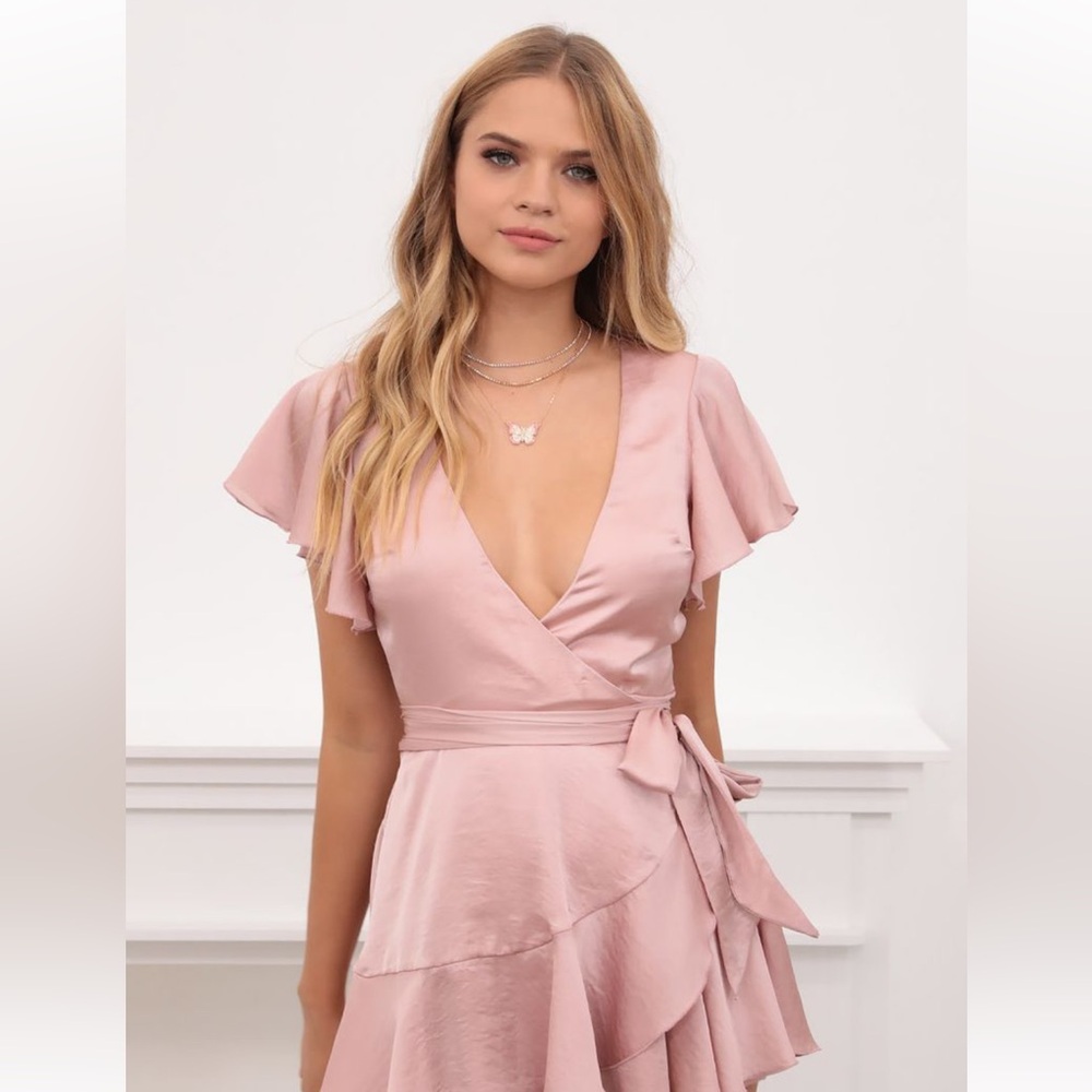 Lucy in the sky- Satin Wrap Dress in Blush